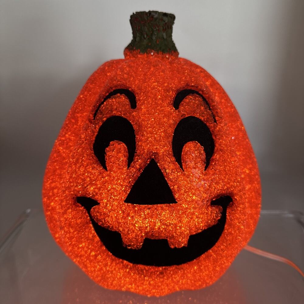 9" Halloween Light Up Pumpkin Jack O Lantern Melted Rubber Plastic Popcorn VTG